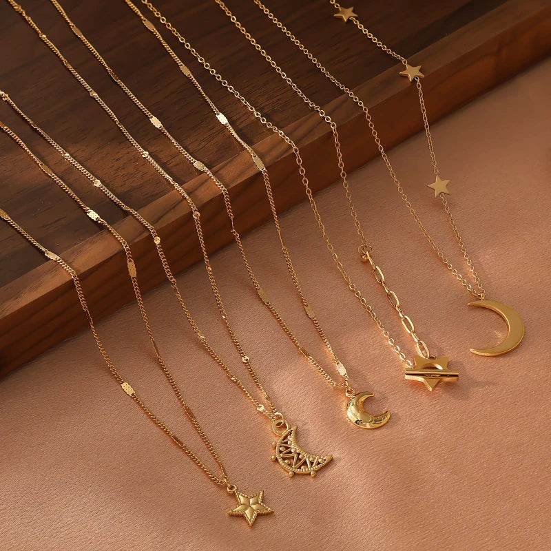 G4043 Wholesale Stainless Steel Moon Star Pendant Necklace Gold Plated Necklaces for Women Fashion Jewelry