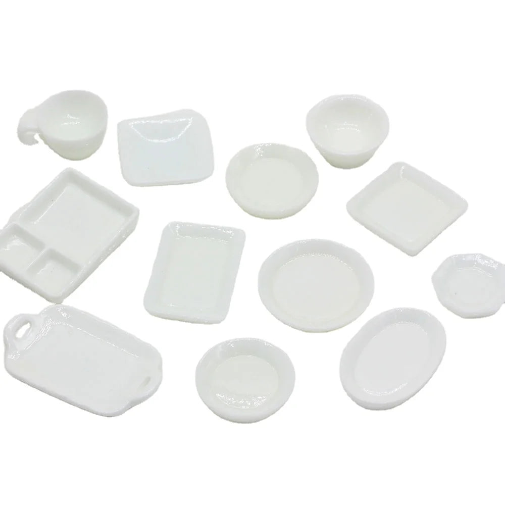Dollhouse Miniature White Ceramic Bowls Dishes Plate Kitchen Tableware for Dolls House Life Scenes Pretend Play Toys