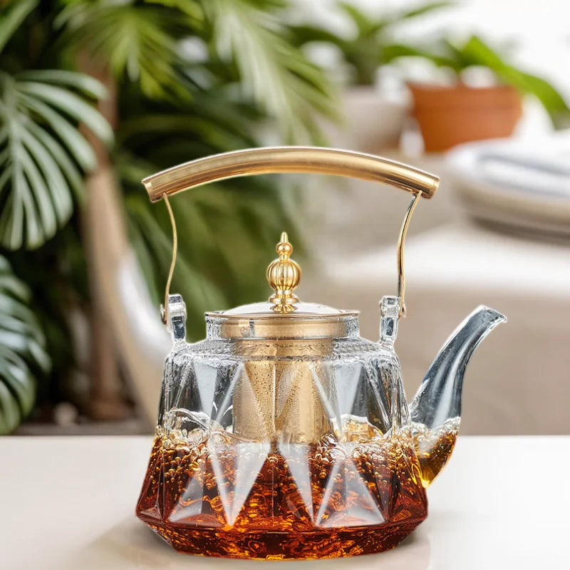 1000ml Diamond Texture High Borosilicate Heat Resistant Copper Handle Beam Glass Teapot with Removable 304 Stainless Infuser