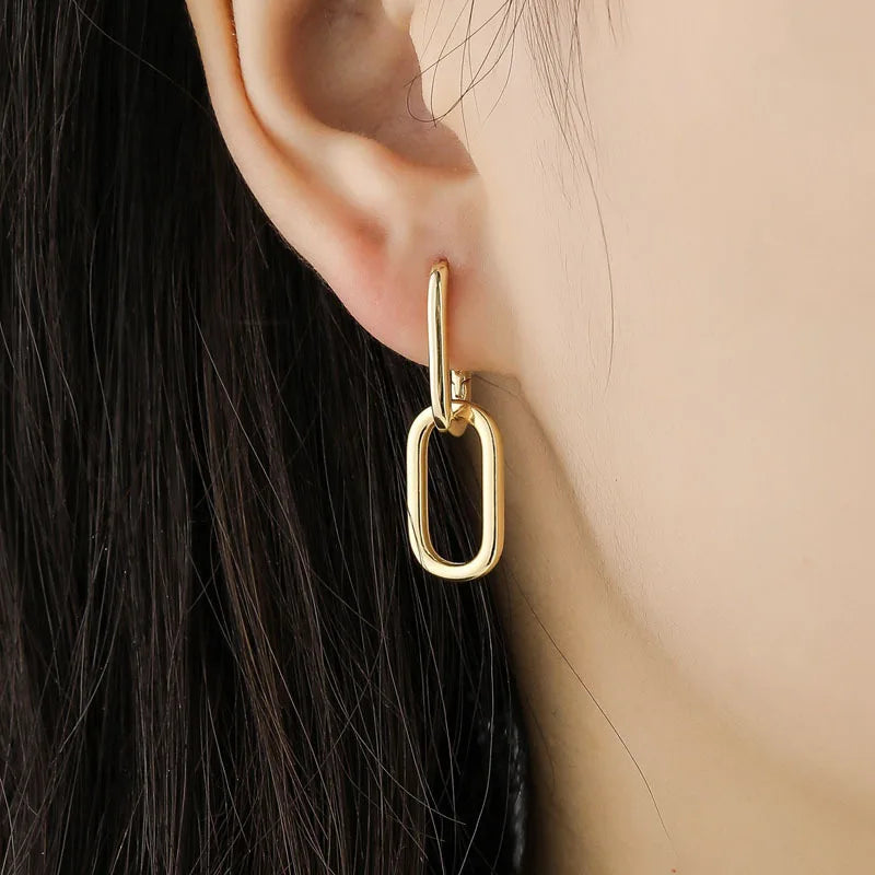 X090 Wholesale Copper Gold Plated Earrings Women's Simple Double Oval Geometric Dangle Hoop Earrings Fashion Jewelry