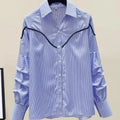 S-2XL Spring and Autumn Fashion Casual Ruffle Lantern Long Sleeved Striped Shirt Top