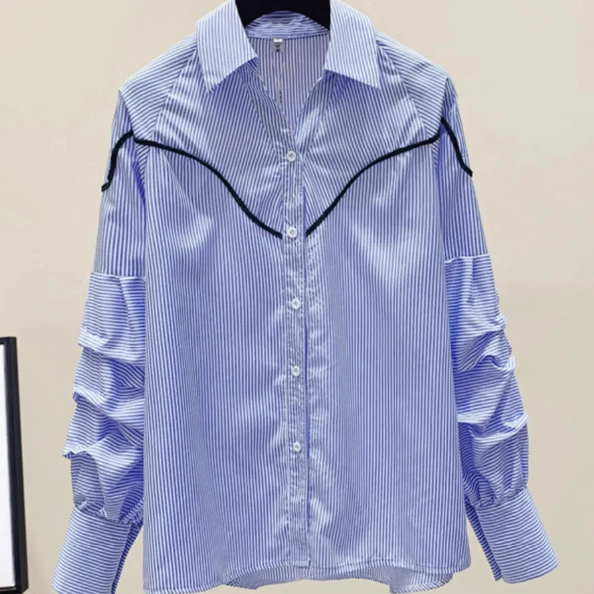 S-2XL Spring and Autumn Fashion Casual Ruffle Lantern Long Sleeved Striped Shirt Top