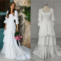 8764# Real Photos Vintage 3/4 Sleeves Low Back Tiered Lace Wedding Dress Bridal Gown for Women With Sweep Train