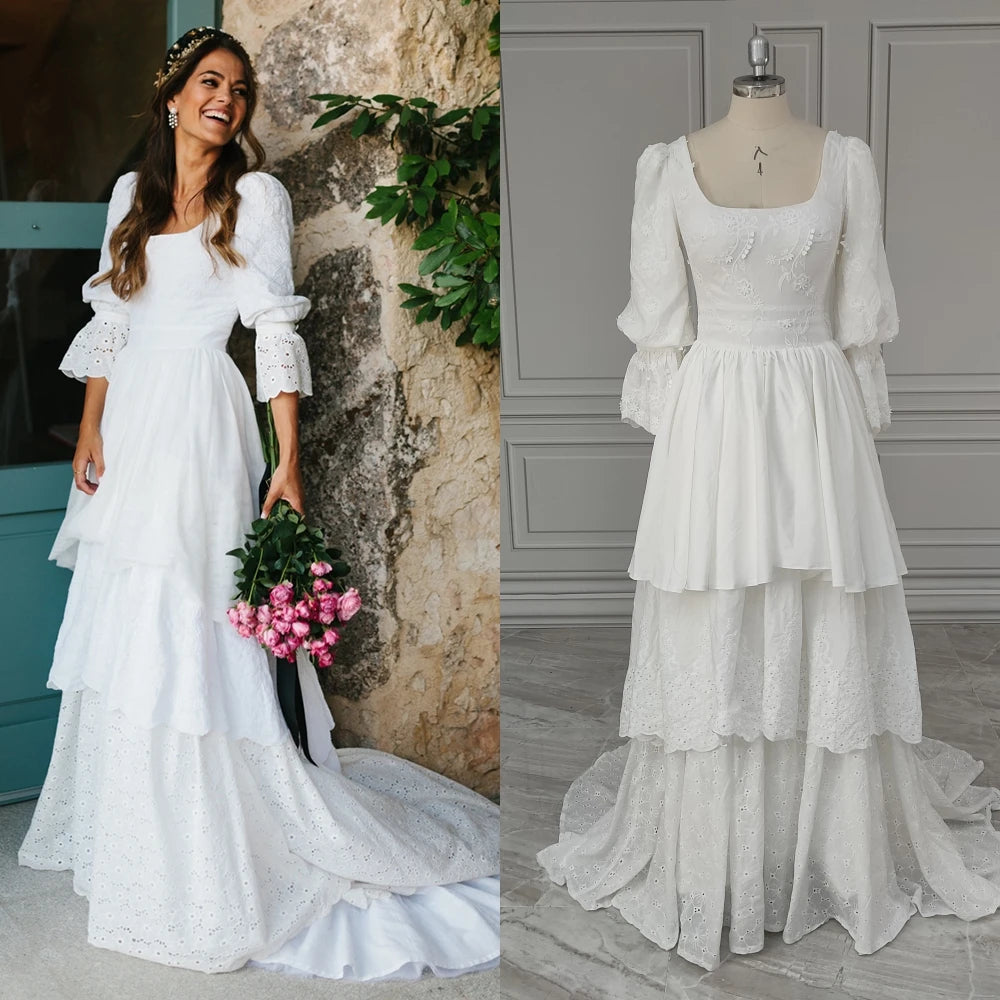8764# Real Photos Vintage 3/4 Sleeves Low Back Tiered Lace Wedding Dress Bridal Gown for Women With Sweep Train