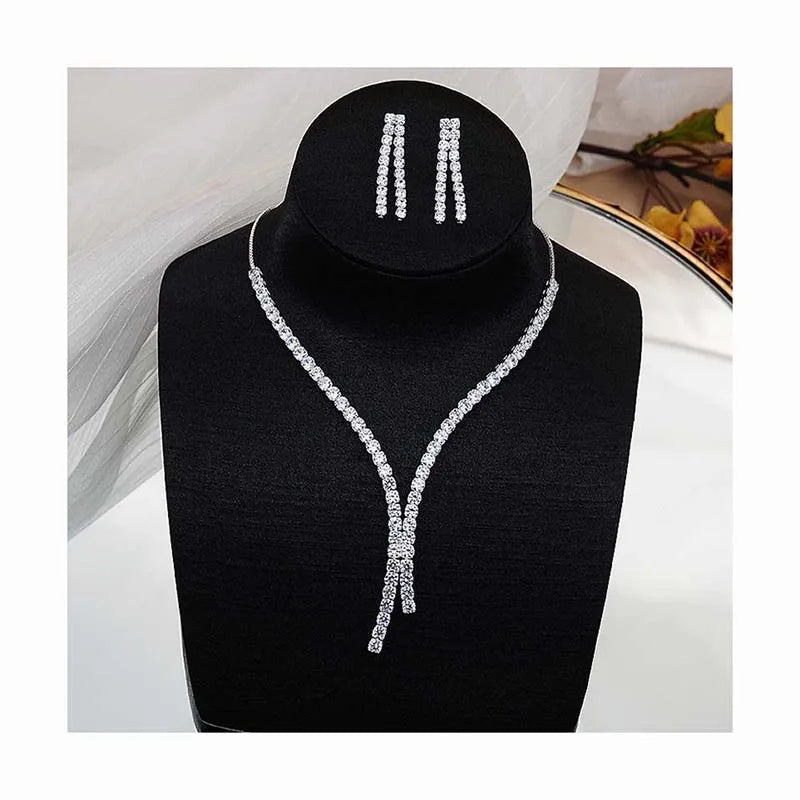 Latest Fashion Wedding Engagement Party Costume Jewelry Women Bridal Girls Luxury Silver Zircon Necklace and Earrings Sets