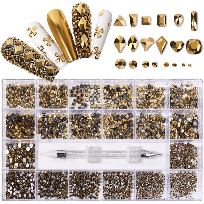 21grid Mixed Diamond Set With Nail Pen Colorful Multi Shapes Nail Decoration Accessories 3D Charms Nail Art Stones