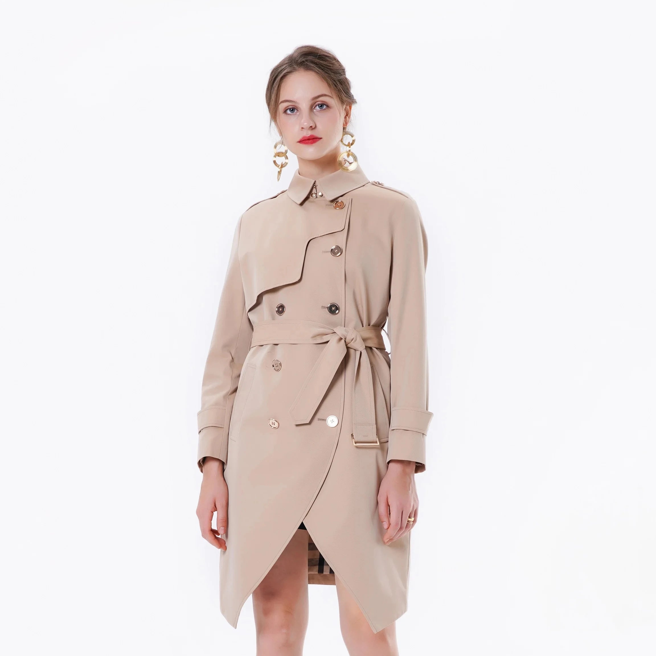 2023 Bosha Women'S Casual Trench Coat Long Double Breasted With Waist Skirt  With Buttons for Autumn