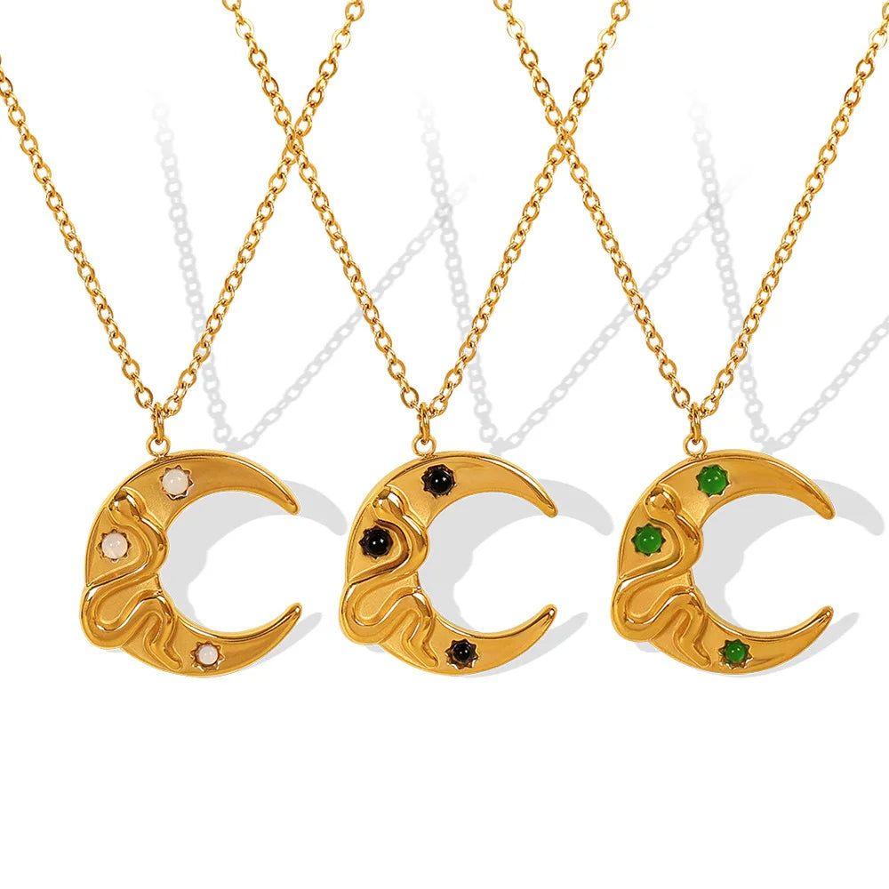 Vintage Boho Snake Moon Pendant Necklace Waterproof Stainless Steel Jewelry Multicolor Gemstone Engravable Star Shape Gold
