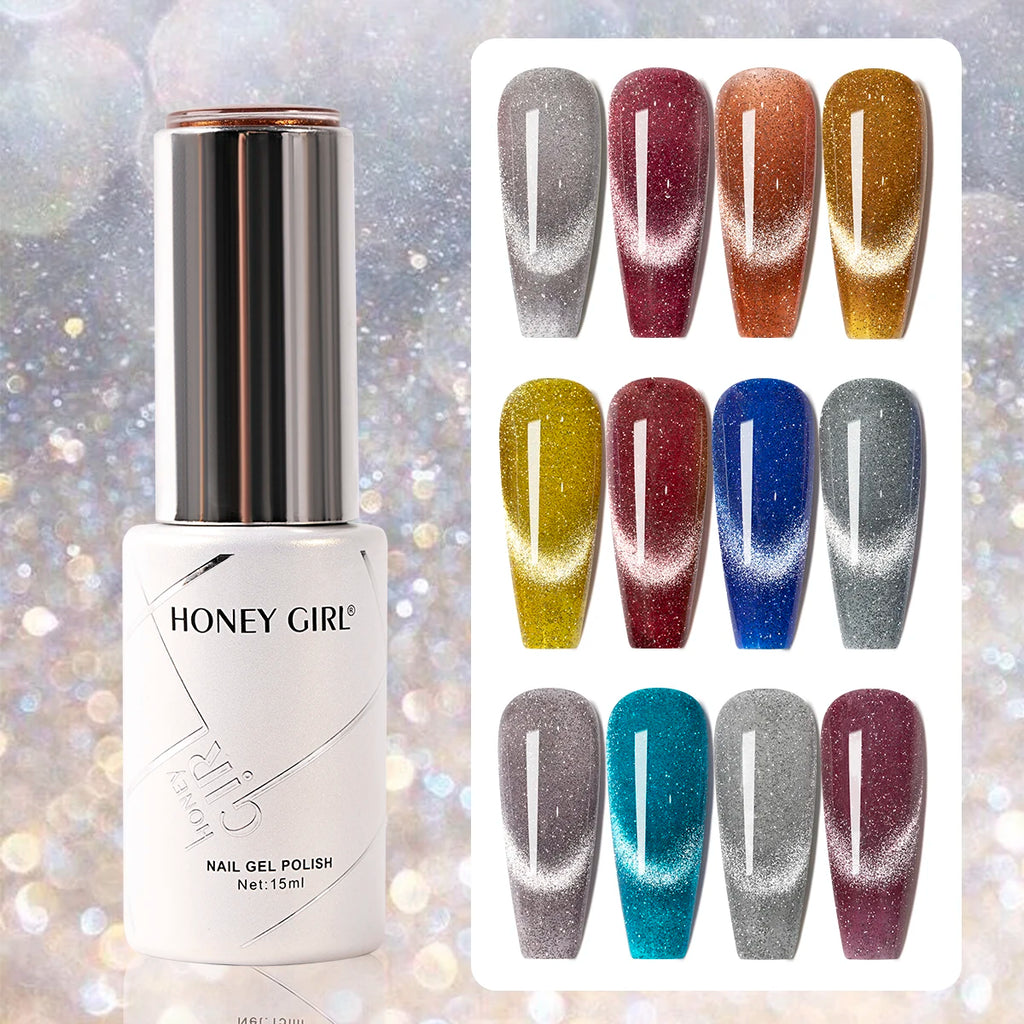 HONEY GIRL 2025 Custom UV Gel Polish Mermaid Reflective Diamond Glitter Holographic Cat Eye Gel Supplies for Nial OEM