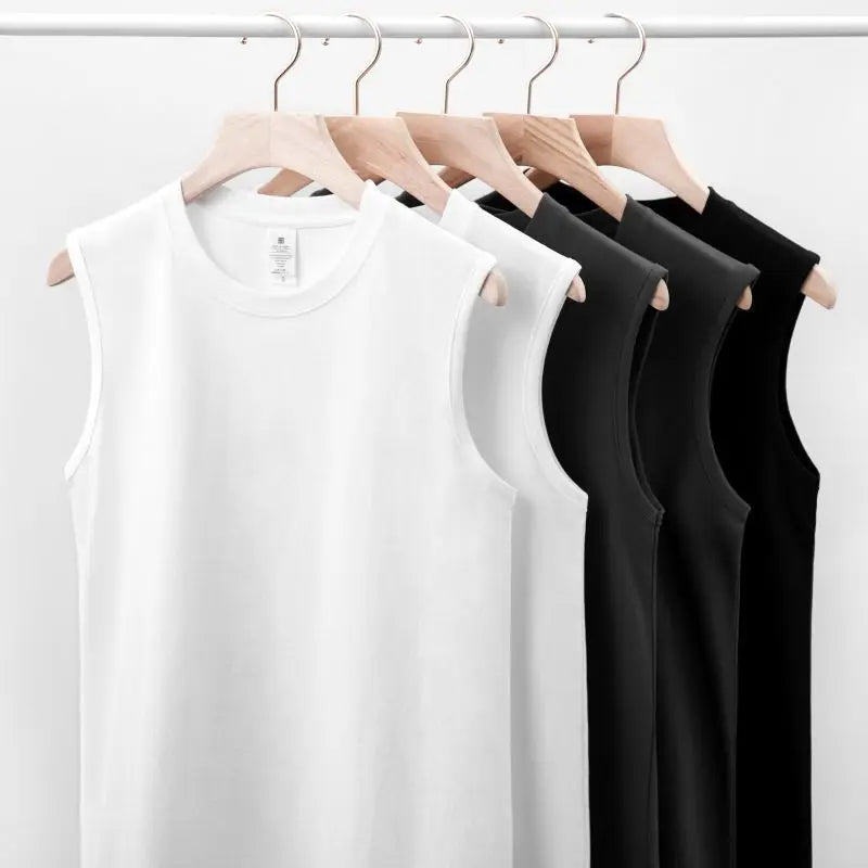 Men's 100% Cotton Solid Knitted T-Shirt Vest Summer Fitness Sports 220 Grams Loose Short Sleeve
