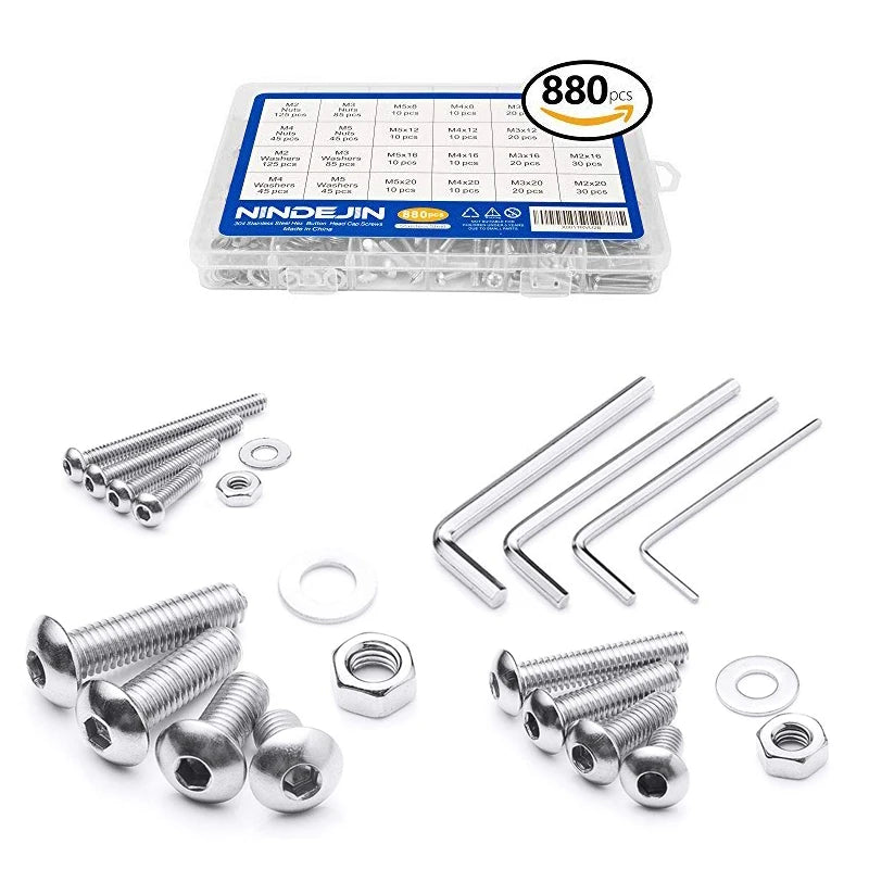 SS304 Stainless Steel Storage Furniture Hex Socket Bolts 880Pcs M2-M5 Nuts Washers Screws Plain Finish DIN Standard NINDEJIN