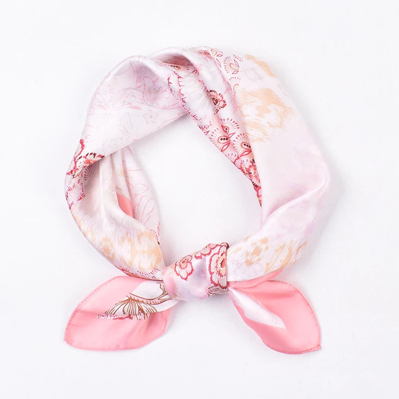 2025 New Fresh Fashionable Flower Pattern Printing Thin 70 Square Scarf Women's Small Silk Scarf for Autumn Made of Polyester