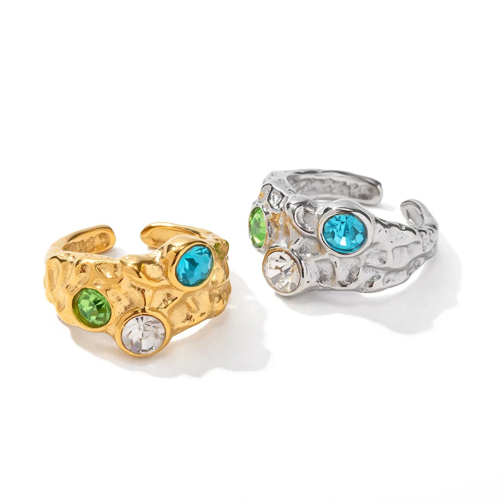 New INS Design Wholesale Stainless Steel Irregular Rings Open Size With Zircon Stones Tarnish Free Gold Plated Fashion Rings