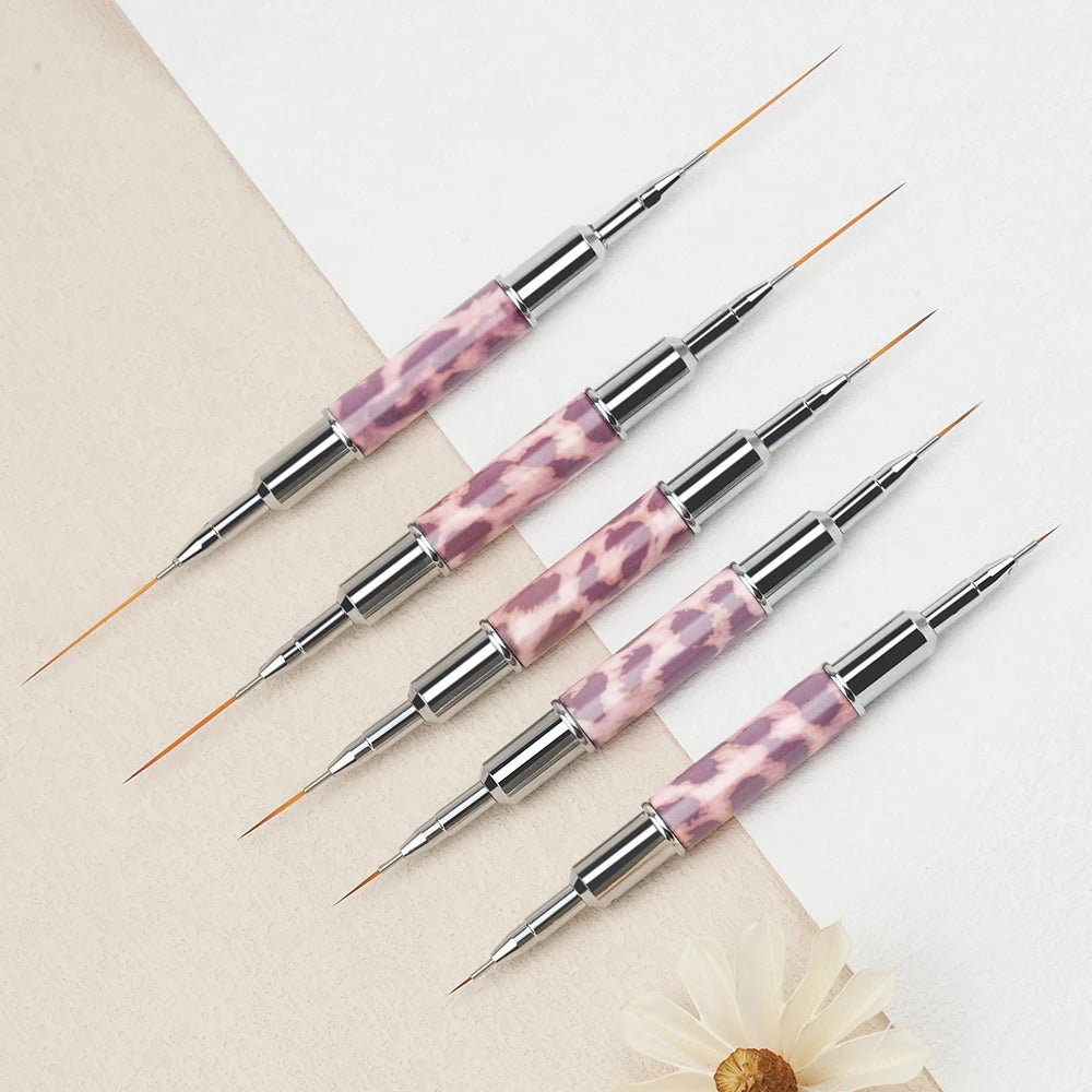 Yihuale Wholesale 2 in 1 Leopard Color Metal Double Ended French Nail Brush Synthetic Nylon Ombre Liner Gel Brush Nail