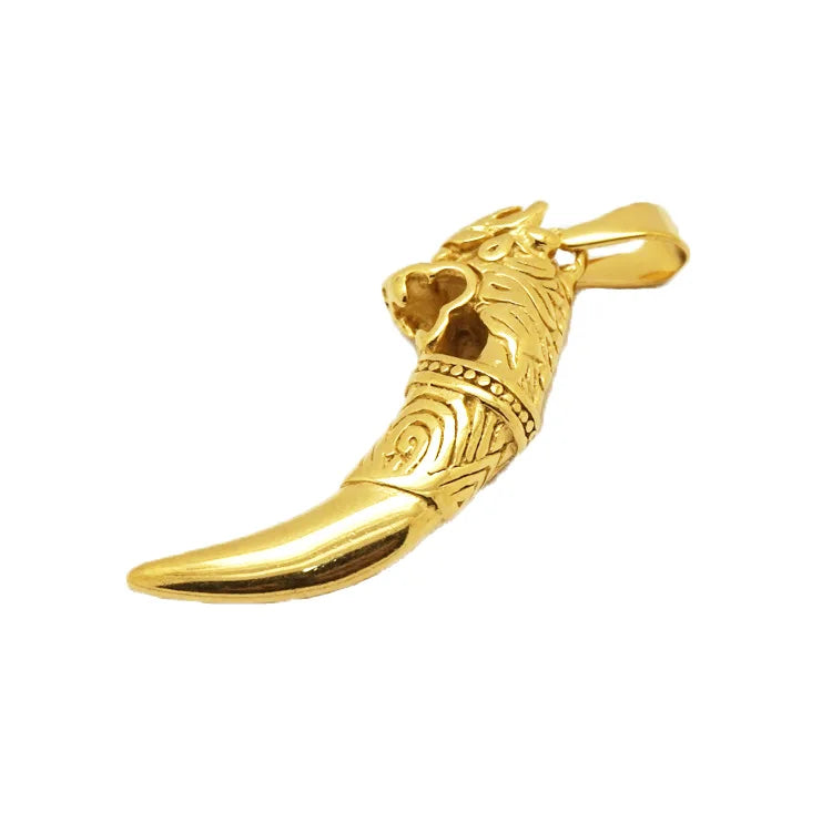 Hiphop 18k Gold Silver Stainless Steel Horn Pendant Punk Men Animal Charm Necklace Wolf Head Tooth Pendant