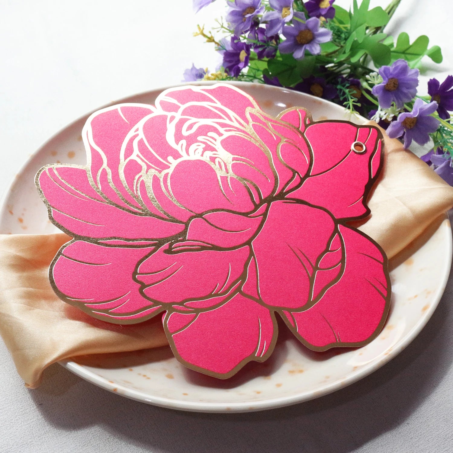 Custom Luxury Double-layered Matel Corn Peony Flower Gold Foil Paper Menu for Wedding Party Event Banquet Hot Pink Fuchsia