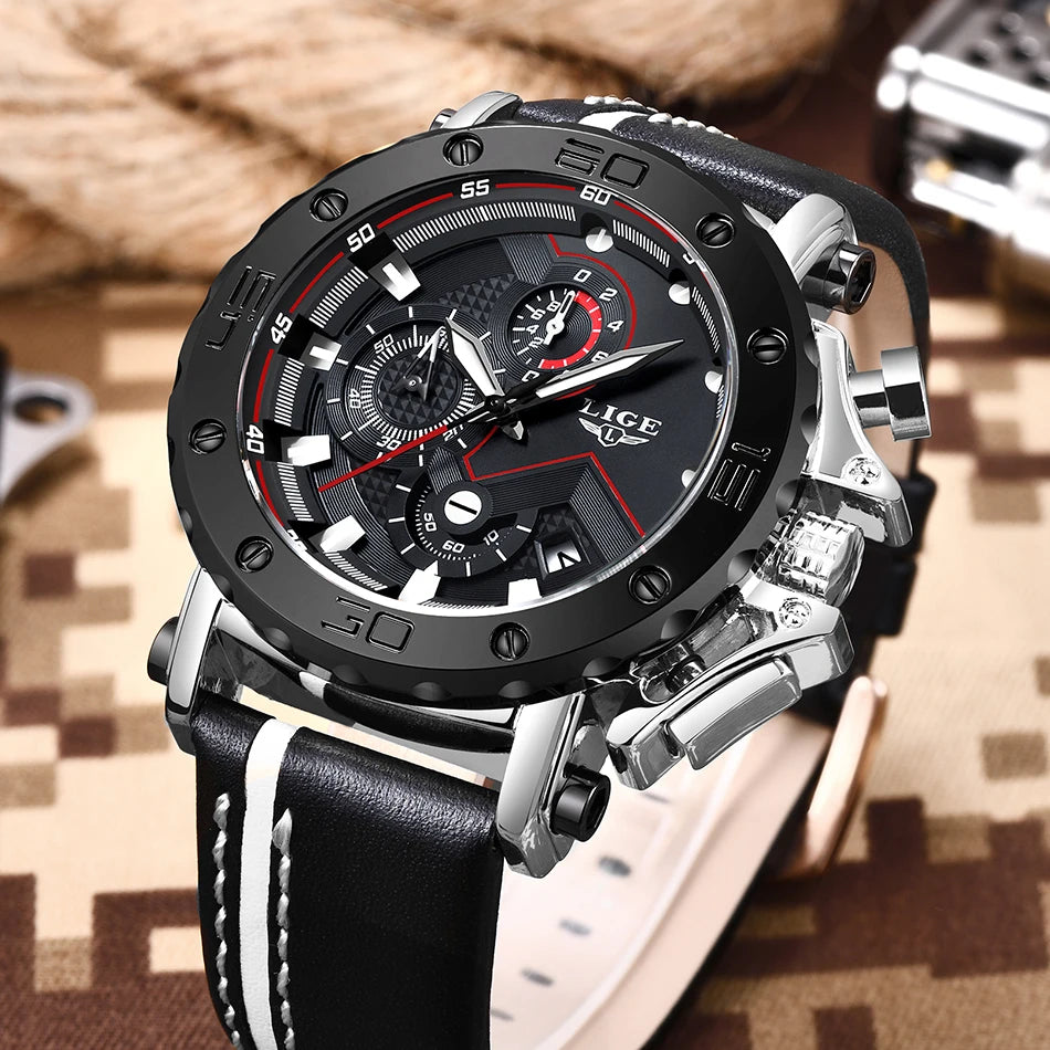LIGE LG9899 Hot Leather Mens Watches Factory Date Watch Sport Waterproof Quartz Watch Men Wrist Clock Relogio Masculino