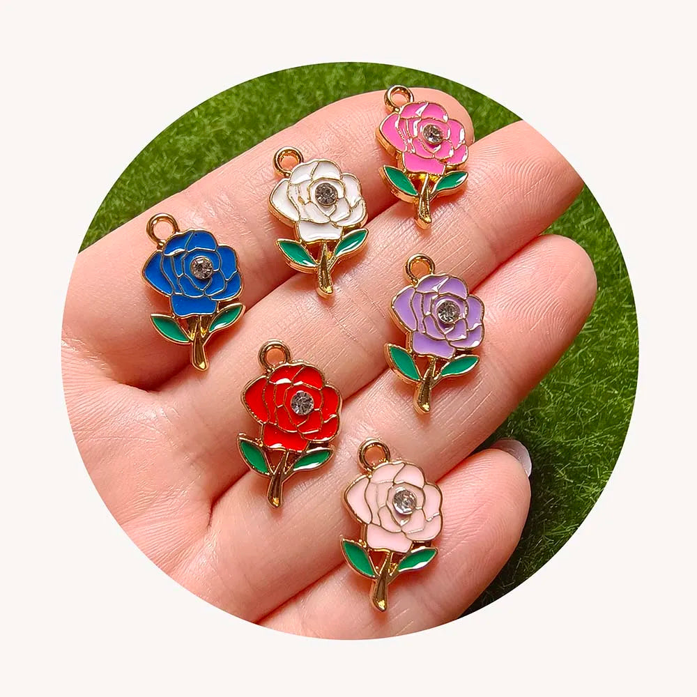 100Pcs Rose Alloy Enamel Pendants With Rhinestone Flower Metal Charms for Necklace Bracelet Jewelry Making Gift