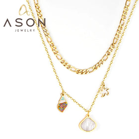 Ason Fashion Jewelry Stainless Steel Double Layer Necklace 18k Gold Plated Sea Shell Conch Starfish Pendant Necklace for Women