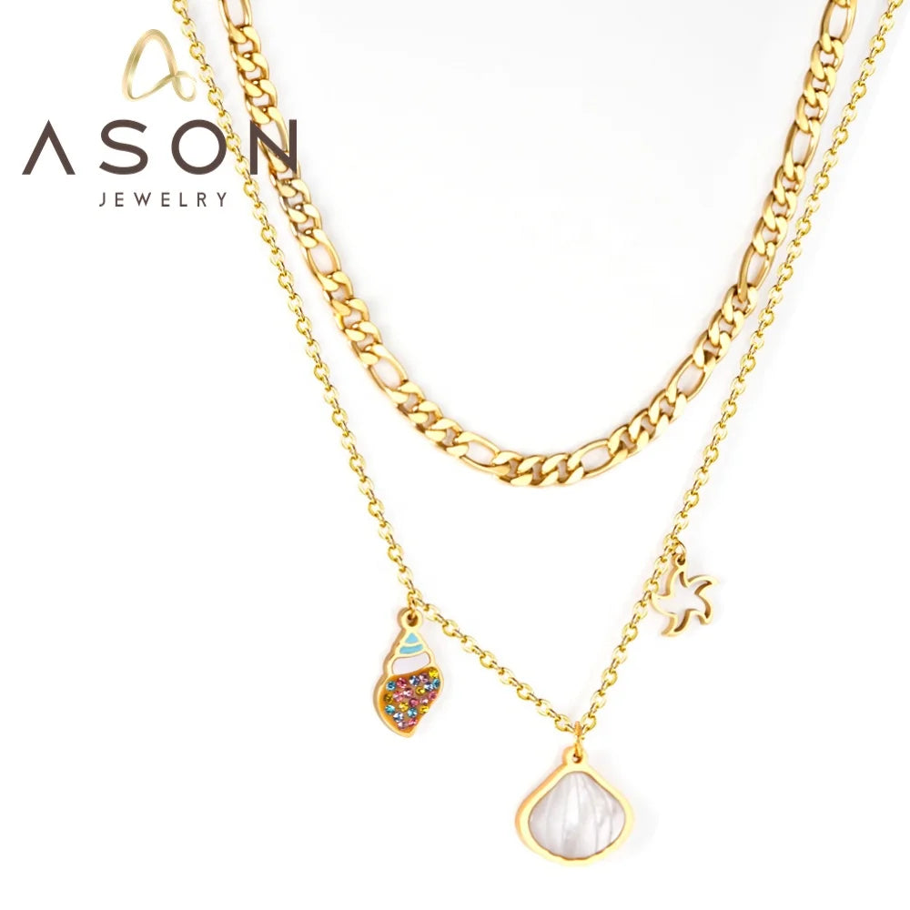 Ason Fashion Jewelry Stainless Steel Double Layer Necklace 18k Gold Plated Sea Shell Conch Starfish Pendant Necklace for Women