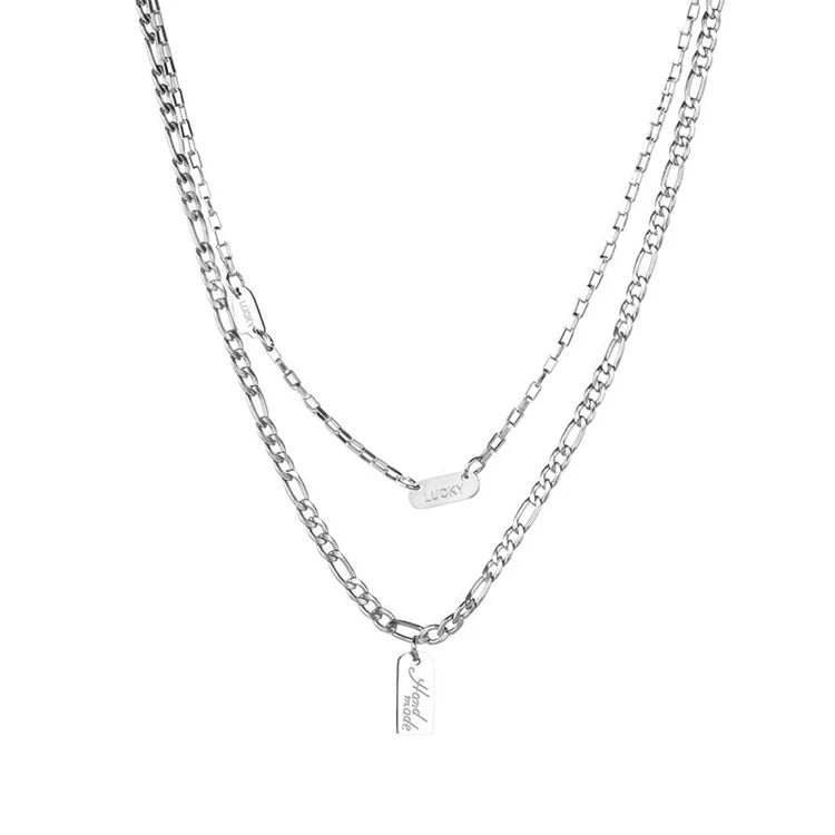 Fashion Design Double Layer Necklace Stainless Steel Silver Figaro Box Chain Necklaces Rectangle Blank Pendant Charms