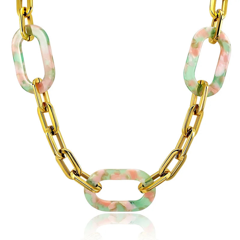 Gold Color Stainless Steel Chain Collar Necklace Acrylic Big Pendant Charm Choker Necklace for Women Statement Necklace Chain