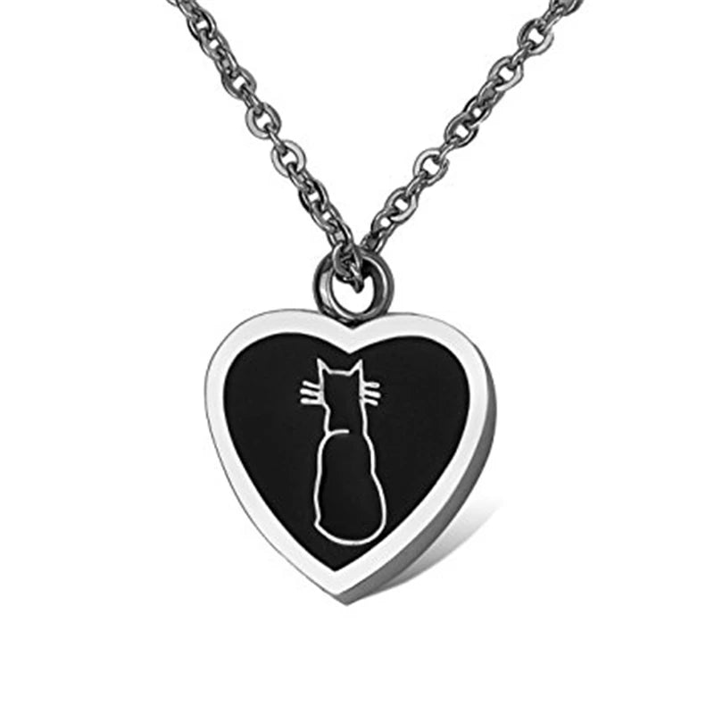 BIGGER ASHES CHAMBER Enamel Cat Heart Cremation Funeral Memento Gift Necklace Funeral Ash Stainless Steel Keepsake Jewelry