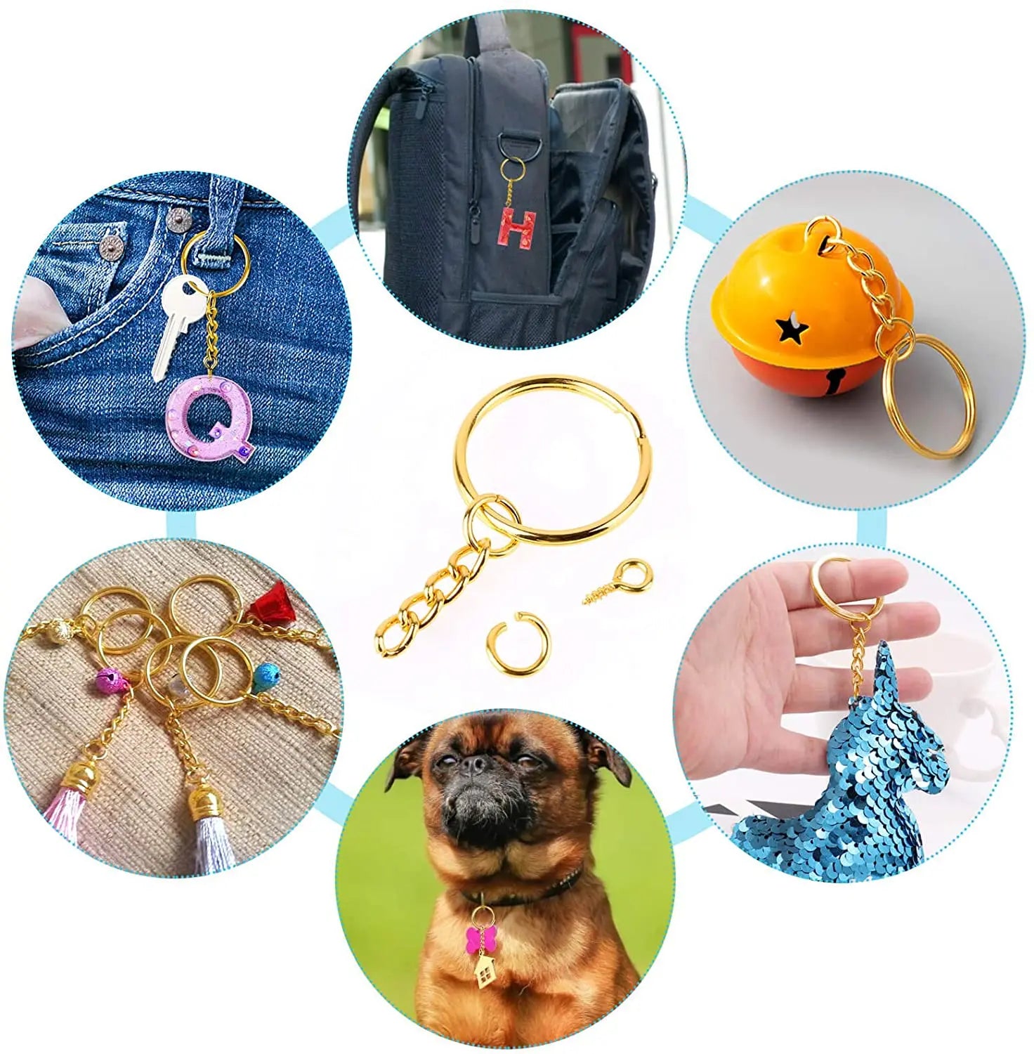 Keychain Rings for Crafts Gold Key Chain Kit Includes 100Pcs Split Key Ring with Chain 100pcs Jump Rings and Screw Eye