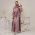 Loriya Women Turkey Fashion Satin Abaya 3pcs Set Muslim Open Abaya Cardigan Islamic Clothing
