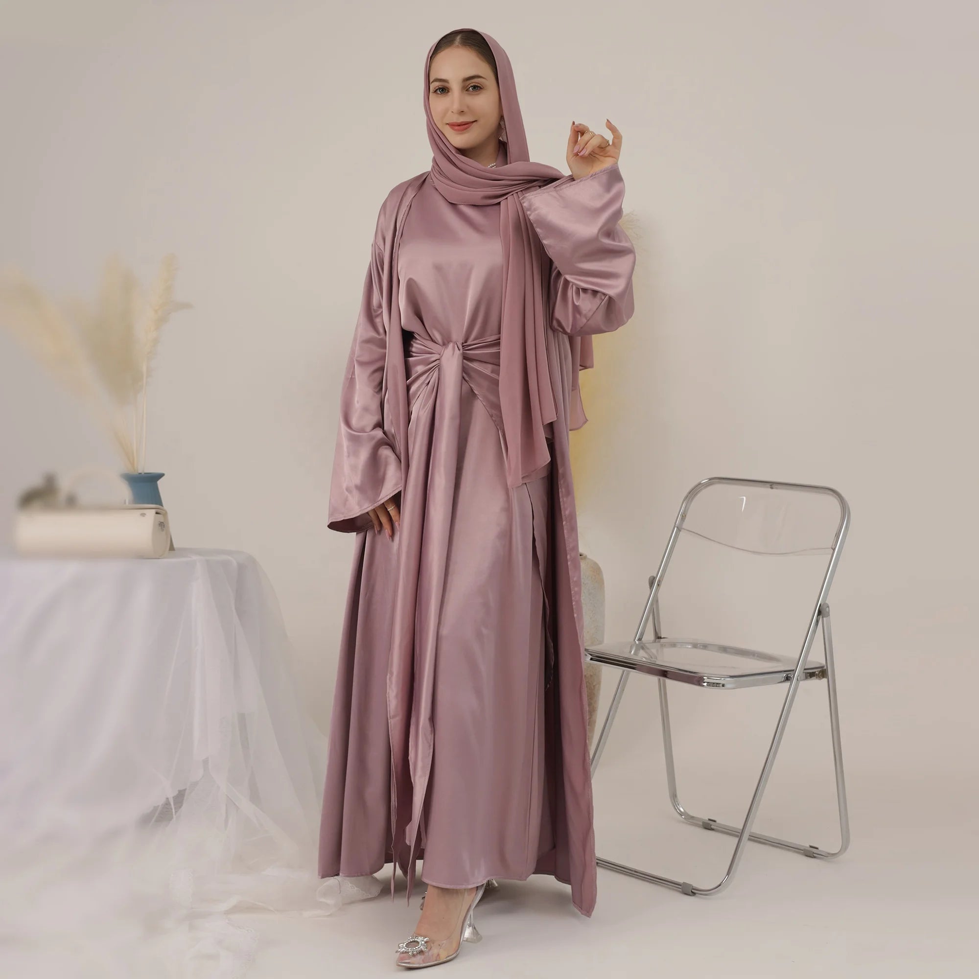 Loriya Women Turkey Fashion Satin Abaya 3pcs Set Muslim Open Abaya Cardigan Islamic Clothing