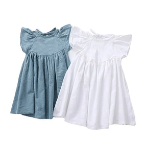 Girls Dress Cotton and Linen Solid Color Flying Sleeve Skirt Baby Princess Dress New Girl Dress