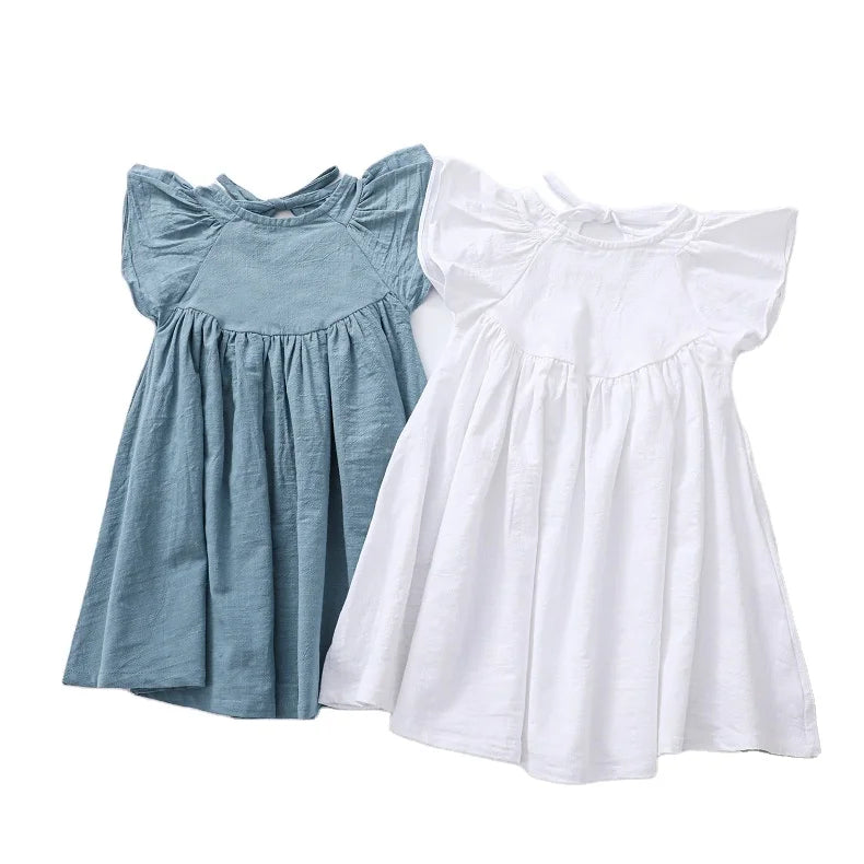 Girls Dress Cotton and Linen Solid Color Flying Sleeve Skirt Baby Princess Dress New Girl Dress