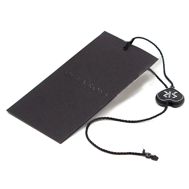 Custom Printed Black Swing Paper Hang Tag Sustainable Embossed Eco-Friendly Clothing Label String for Apparel Shoes Bags Hats