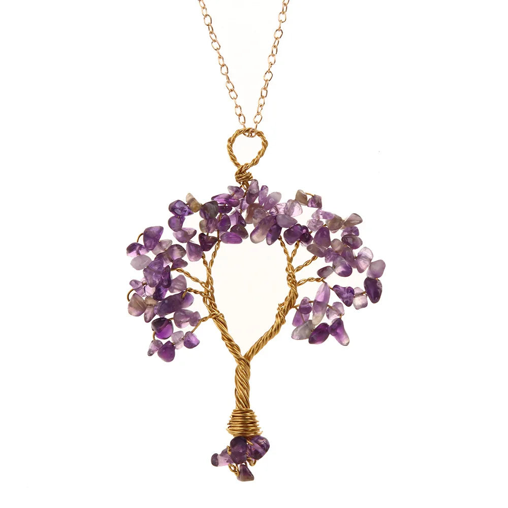 Reiki Natural Crystal Tree of Life Pendant Necklace Healing Amethyst Stone Jewelry for Men and Women Fashion Accessory