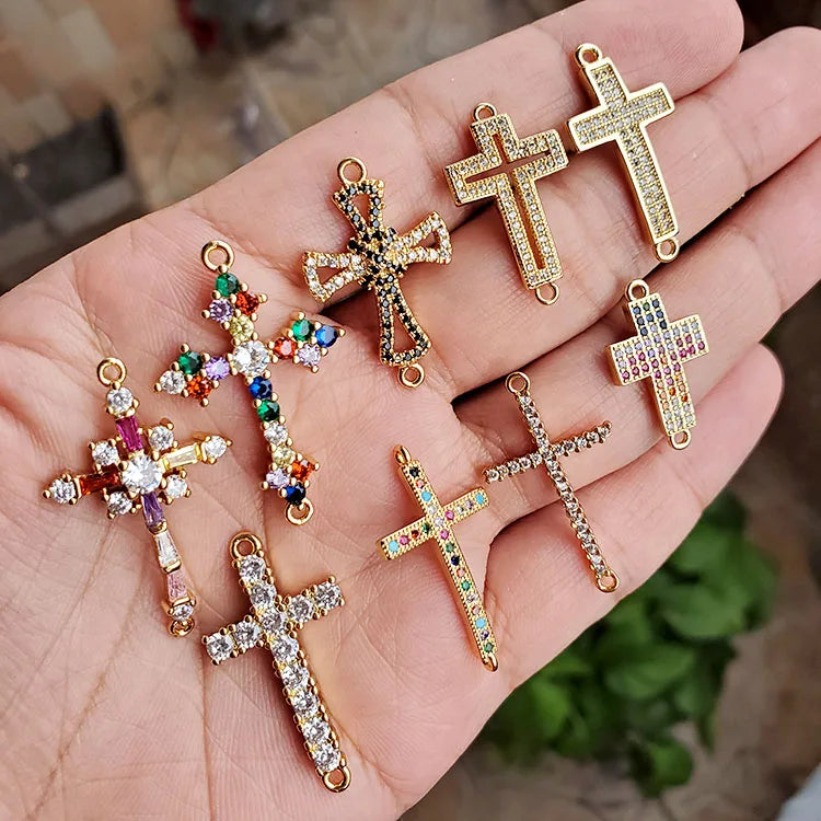 CZ8146  18k Gold Plated CZ Zircon Micro Pave Cross Bracelet Charm Connector for Bracelet Jewelry Making