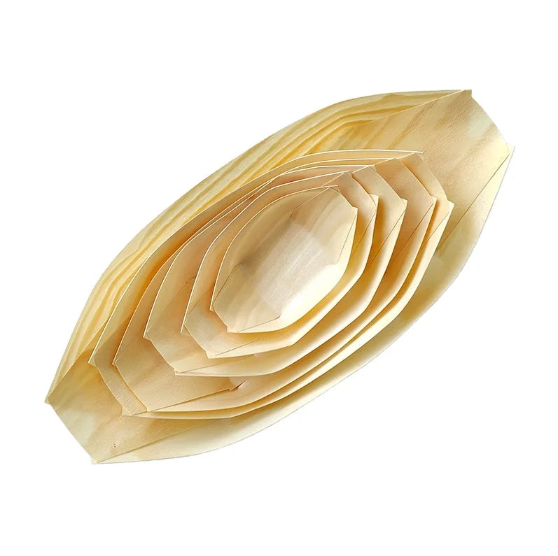 Hot Selling Eco-friendly Disposable Natural Pine Wooden Sushi Boat/Cone/Plate Biodegradable Easy-to-Use Food Container