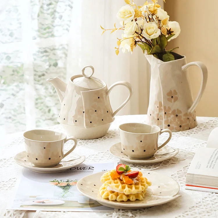 Japanese Style Sakura Stoneware Eco-Friendly Tea & Coffee Set with Teapot Cup Customizable Color for Home & Commercial Use