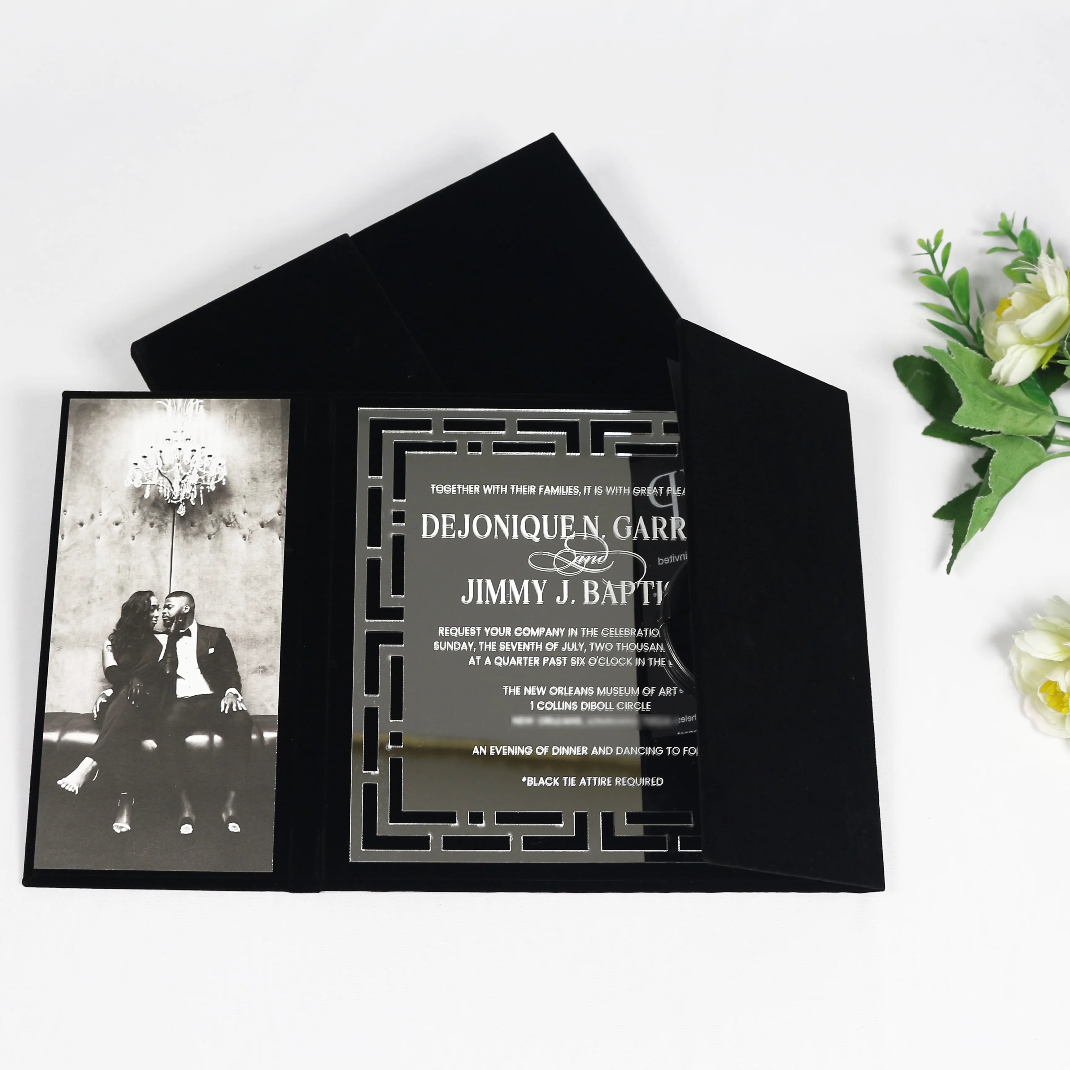 Muslim Wedding Party Invitation Black Velvet Hardcover and Silver Mirror Acrylic Wedding Invite With Photo Card