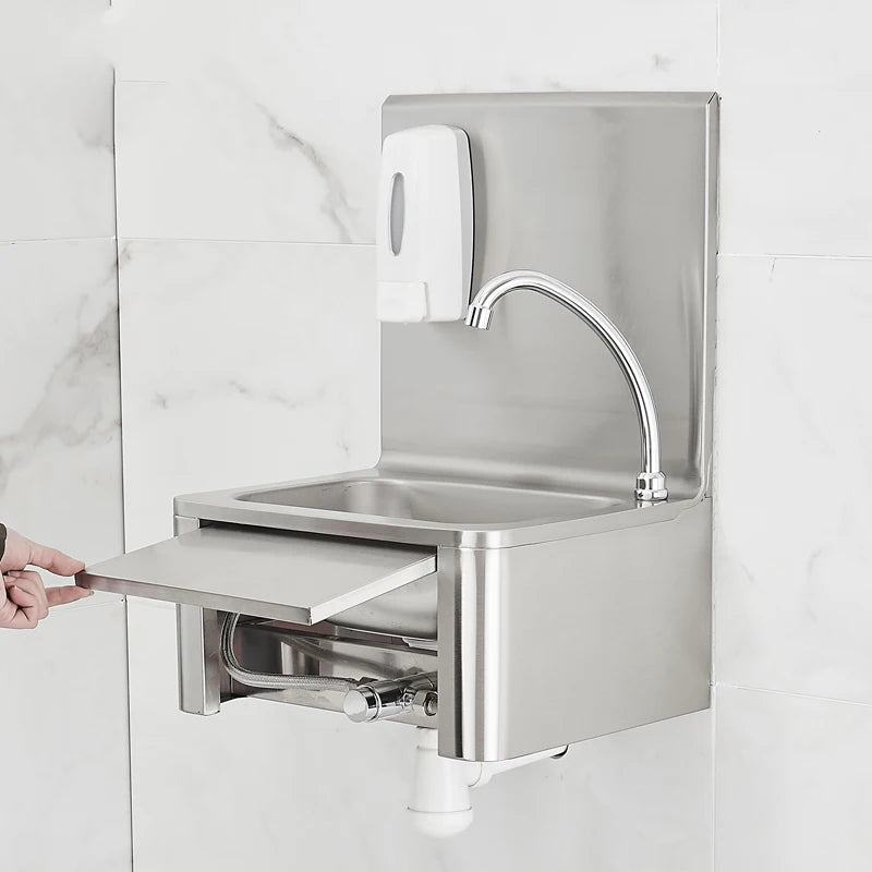 Top Small Wall-Mount Stainless Steel Industrial Kitchen SS 304/201 Portable Hand Wash Basin One Hole Faucet Single Bowl Knee