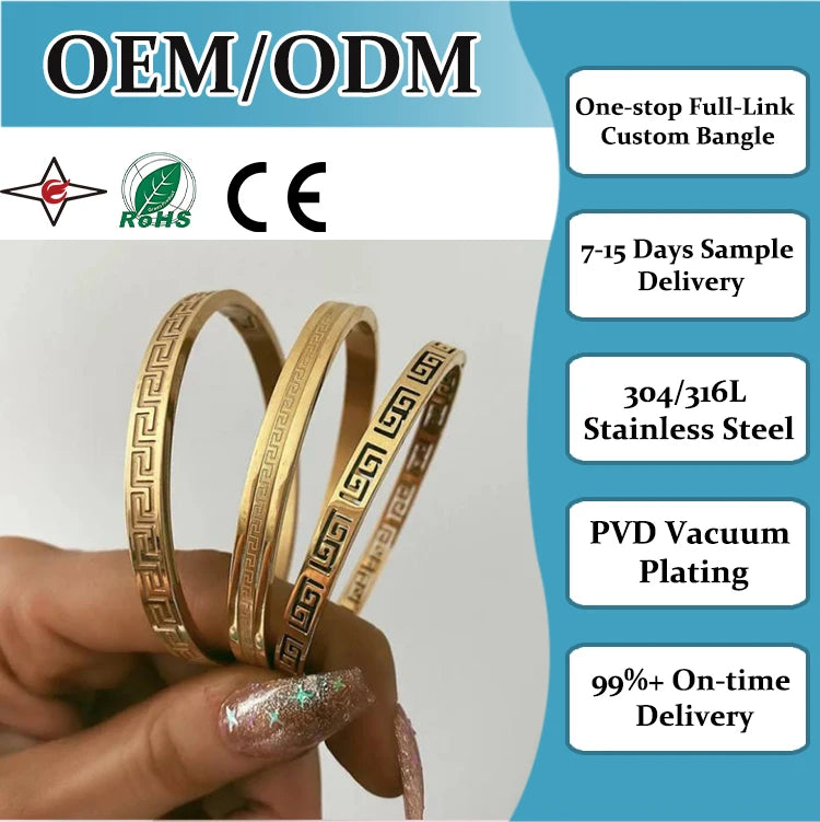 316L Stock Wholesale 14K 18K 24K Gold Dubai Great Wall Pattern Stainless Steel Fashion Jewelry Custom Bracelets Bangles Unisex