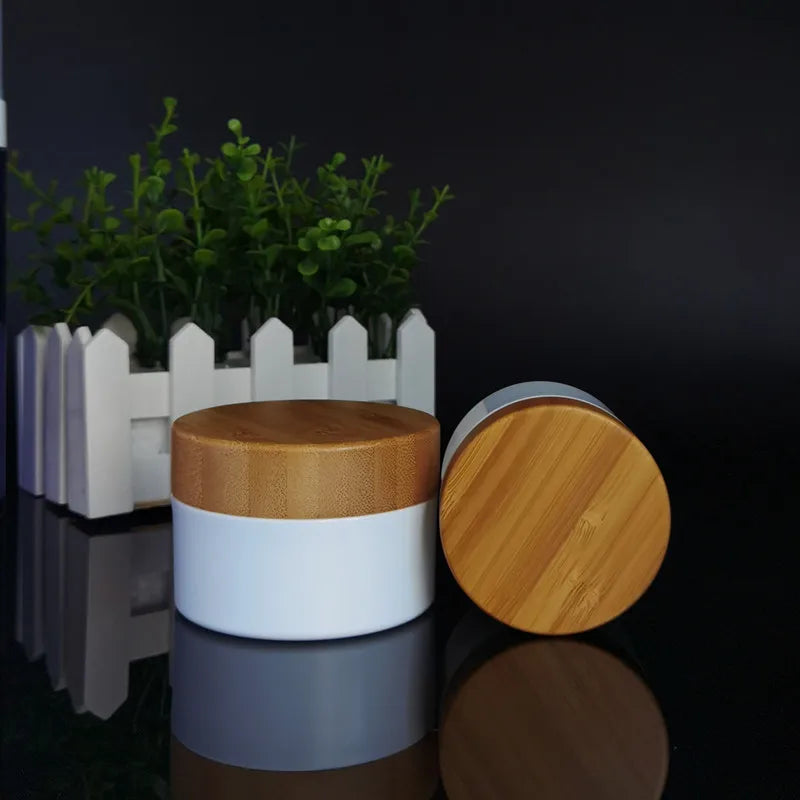 Natural Wood Screw Top Frosted Glass Bamboo Lid Jar Cosmetic/Glass Cream Cosmetic JarsPet Cosmetic Jar Amber Bamboo Wood