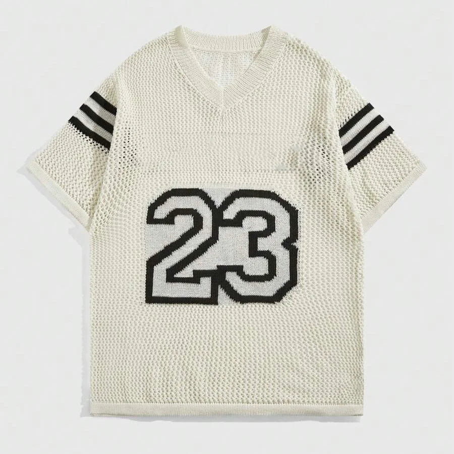Custom Designed Logo Jacquard Hollow Mesh Top Men's Summer Streetwear 100% Cotton Knitwear Sweater Crochet Shirt Knitted Jerseys