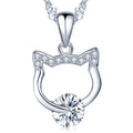 Hollowed Out S925 Sterling Silver Cat Head Pendant Necklace for Women Cute Kitty Inlay Zircon Stone Rhodium Plated for Weddings