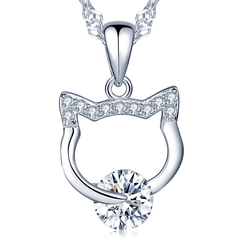 Hollowed Out S925 Sterling Silver Cat Head Pendant Necklace for Women Cute Kitty Inlay Zircon Stone Rhodium Plated for Weddings