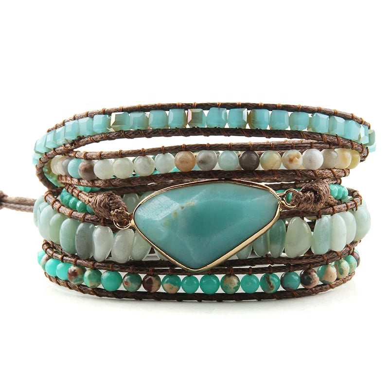 Newest Design Beaded Handmade Bracelet Triangle Natural Stone Charm 4MM Stone 5 Strands Leather Wrap Bracelets