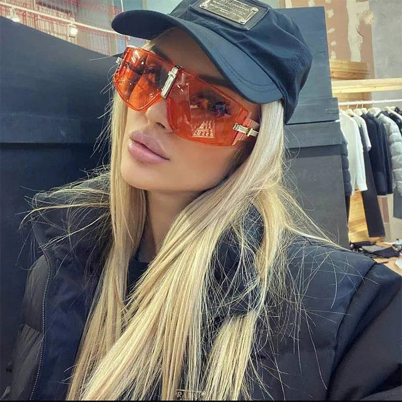UNOC 2022 Women's Luxury Brand Sunglasses with Large Big Frame Trendy Red Shades PC Material Blue and Gray Frame Colors