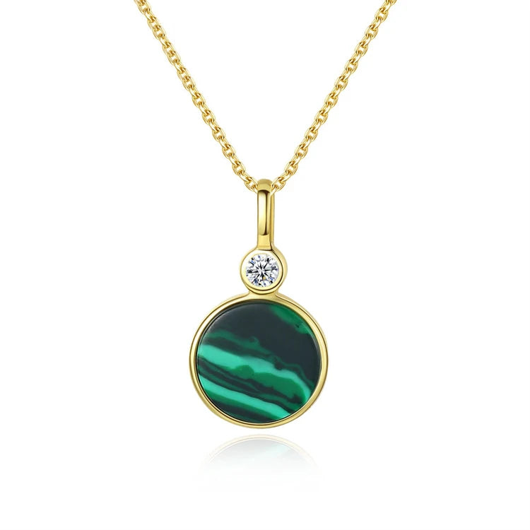 Fine Jewelry 18K Gold 925 Sterling Silver Women Round Shape Malachite Pendant Necklace
