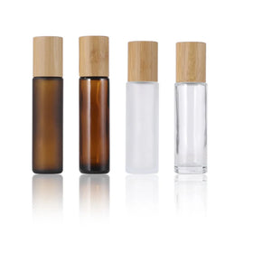Stock 5ml 10ml 15ml Amber clear Deodorant Perfume Oil Roll on Glass Bottle with Wood Grain Bamboo Cap