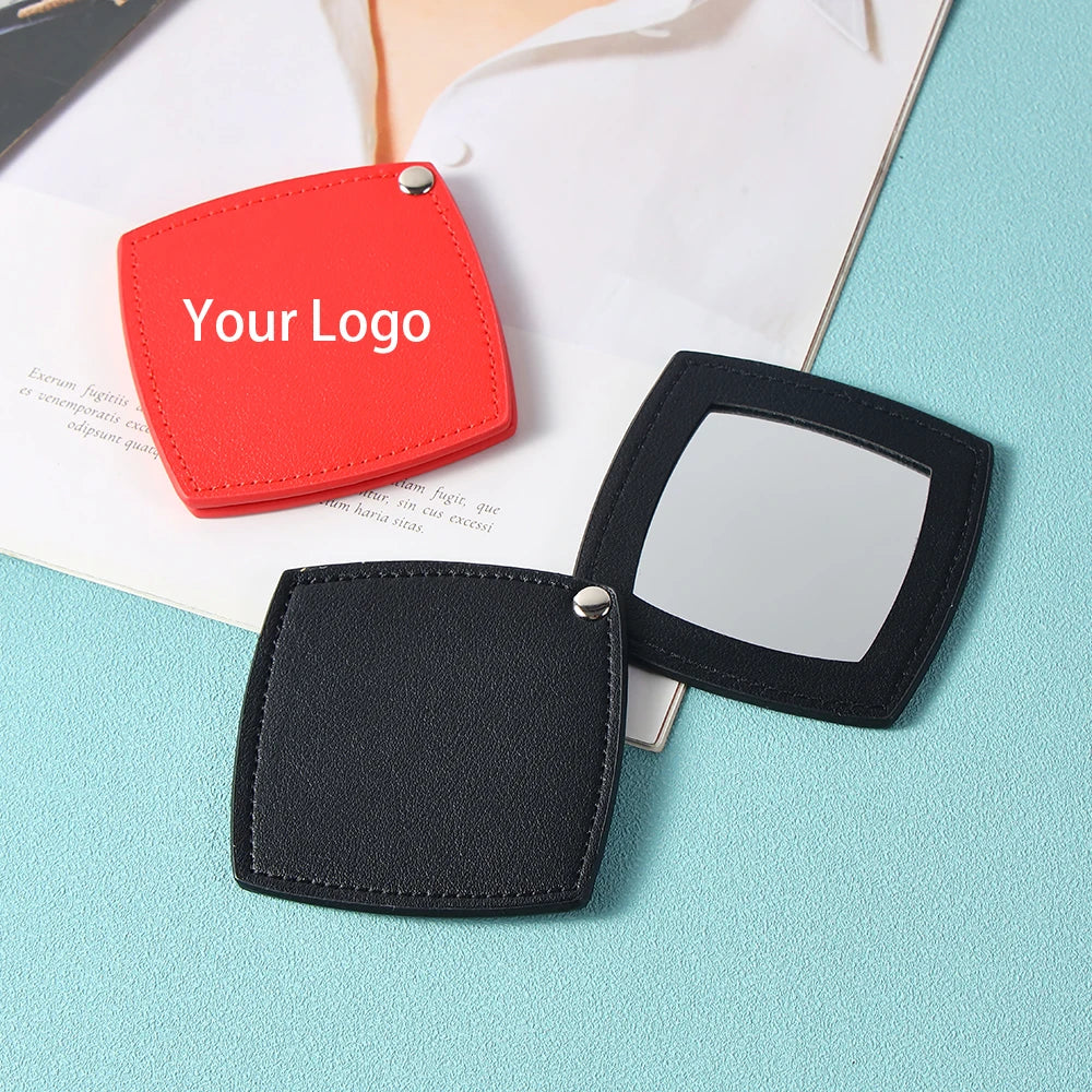 SAIYII Customized Logo Portable Square-Shape Vanity Makeup Mirror Travel Folding Pu Leather Pocket Compact Mirror for Girls Gift