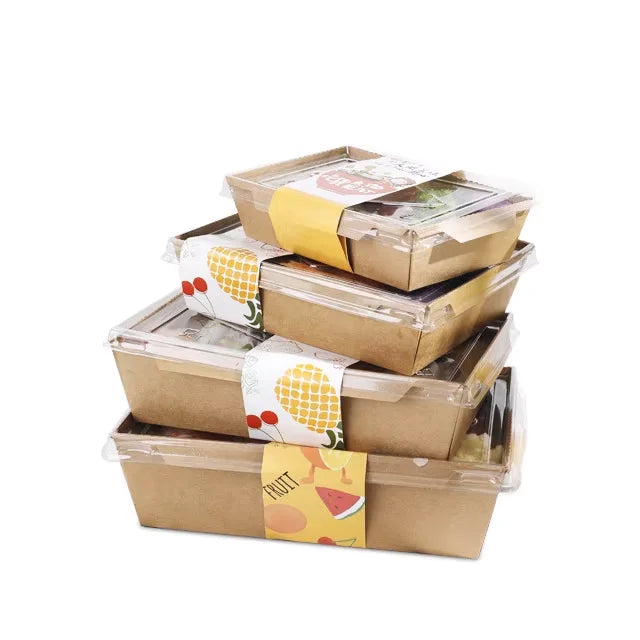 Transparent Lid Coated Paper Lunch Box with Embossed Kraft Design for Sushi Rice Salad Noodles Potato Chips Takeaway